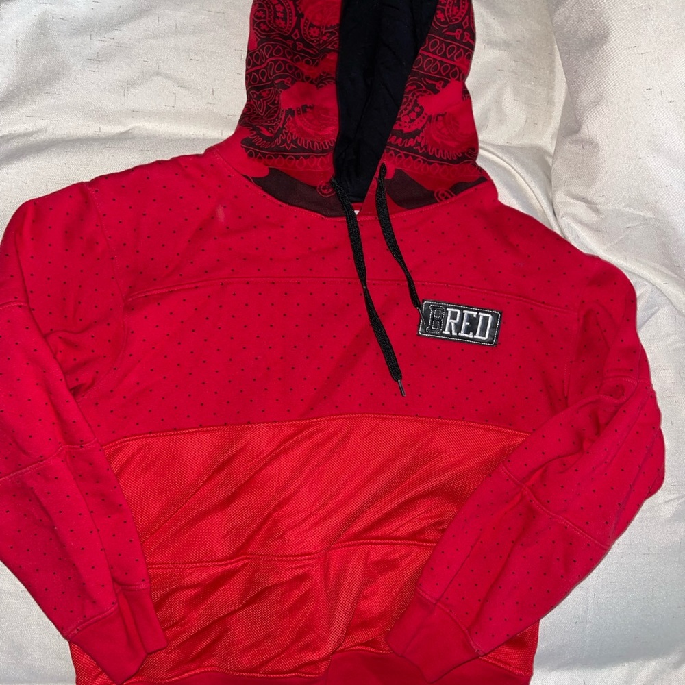 Black and red hoodie with bandanna style on hood